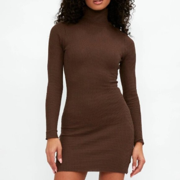 The Range Long Sleeve Turtle Neck Waffle Knit Bodycon Mini Dress - Brown - Med - Picture 11 of 11